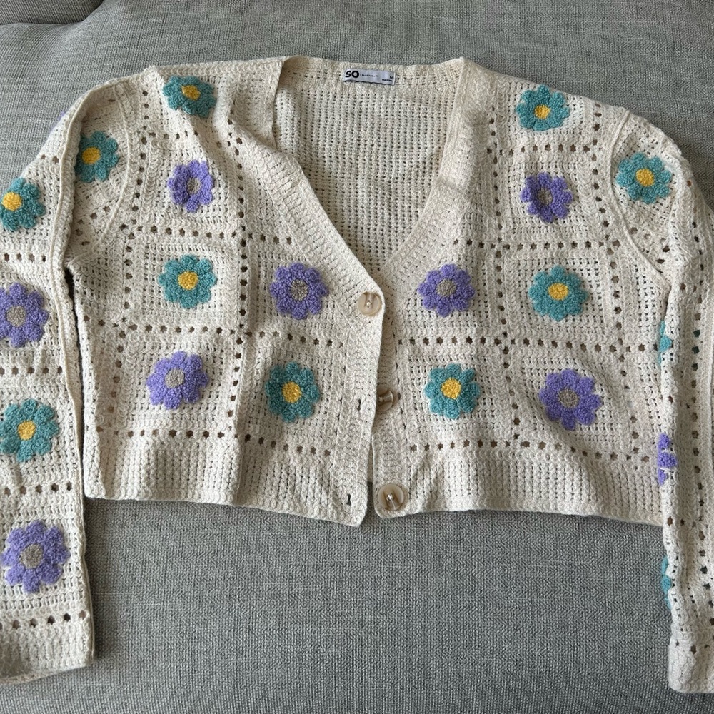 SO Crochet Cream and Purple Cropped Cardigan Sweater